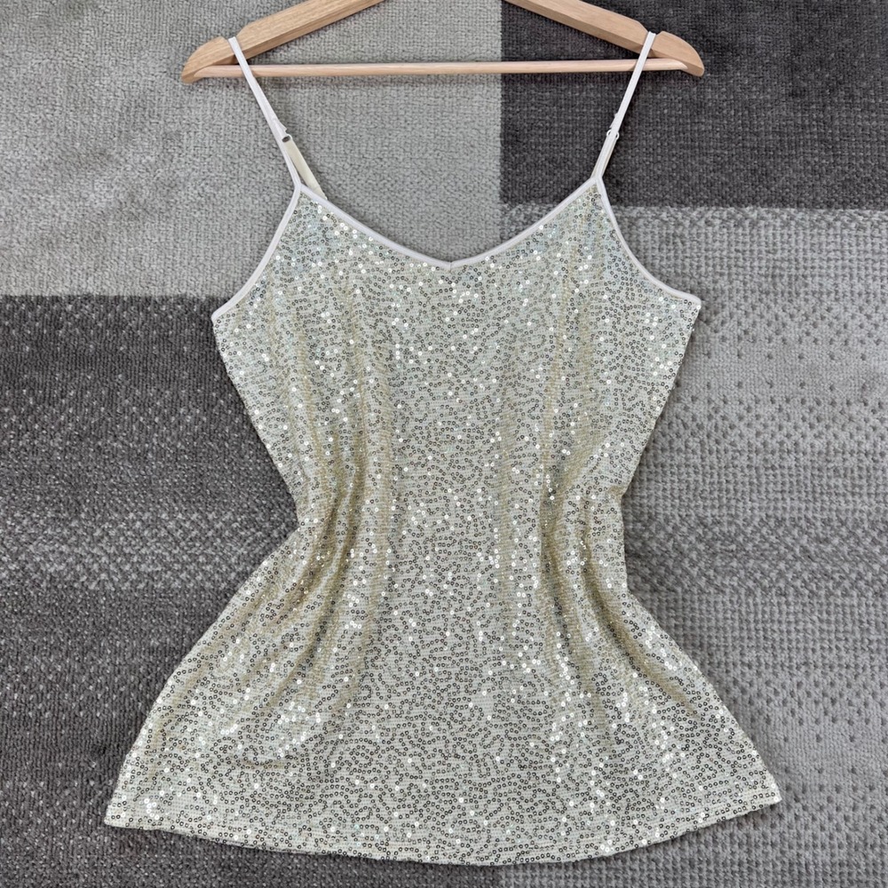 Express Womens Champagne Gold Sequin Cami Tank Top Size Medium Adjustable Straps